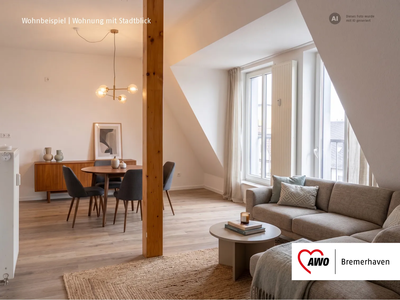 Einrichtungsbeispiel Wohnzimmer mit Stadtblick | ohne Balkon | © KI-generiert Gemütlich eingerichtetes Wohnzimmer mit Couch und Essbereich | © KI-generiert
