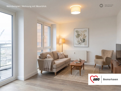 Wohnbeispiel Betreutes Wohnen | © KI-generiert Gemütlich eingerichtetes Wohnzimmer mit Sofa, Sessel, Stehlampe, Teppich und Couchtisch | © KI-generiert